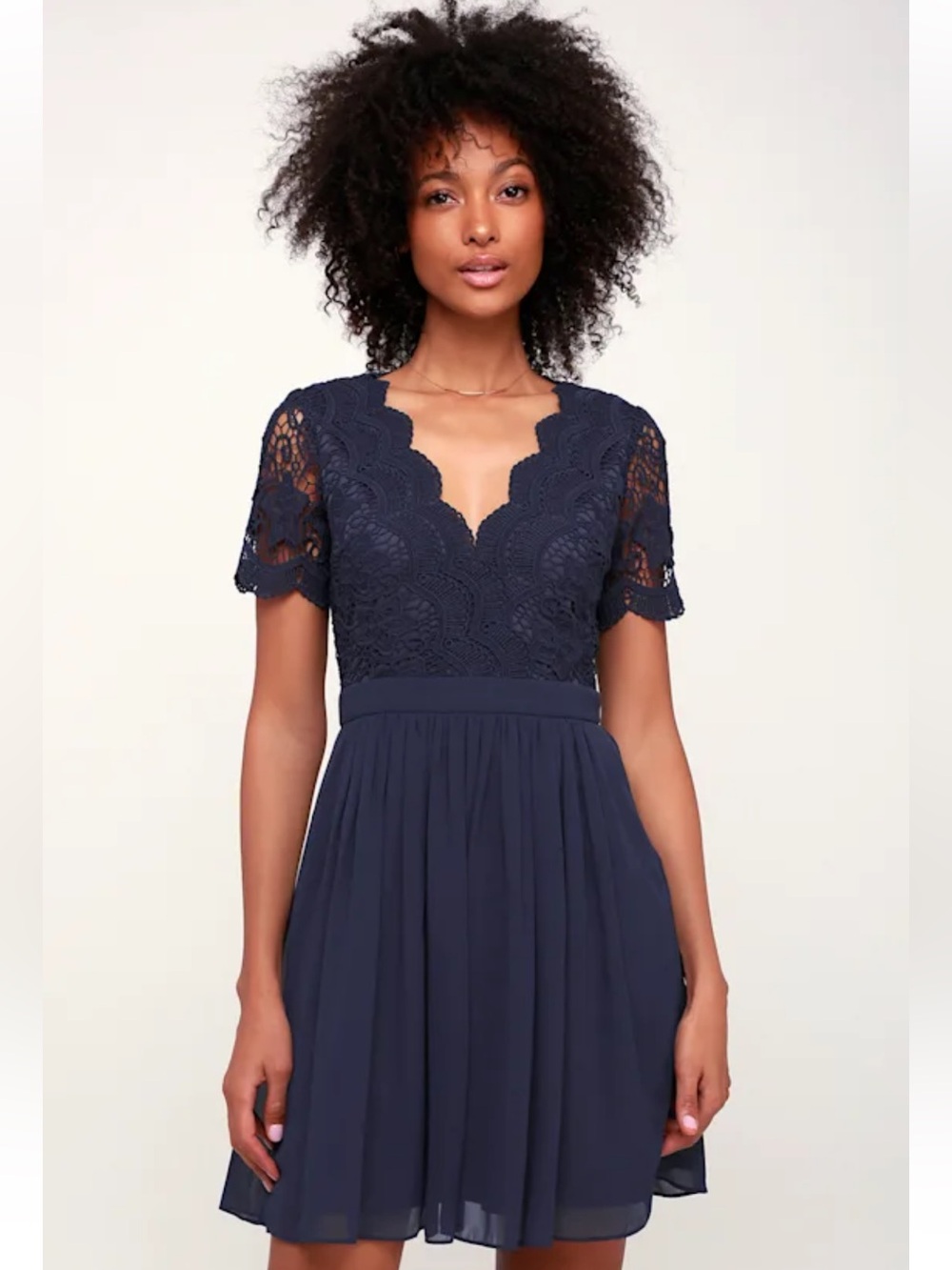 Lulus Angel in Disguise Navy Blue Lace Skater Dress